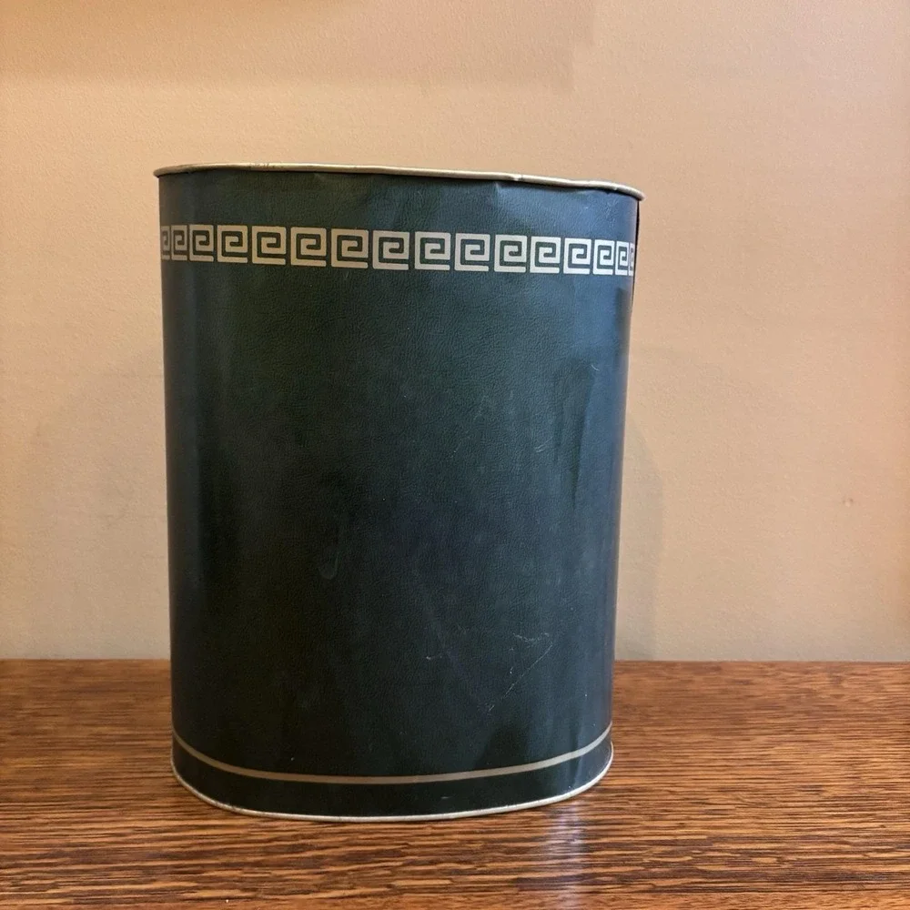 Vintage Cheinco Metal Wastebasket Greek Key Black Gold Mid Century Trash Can